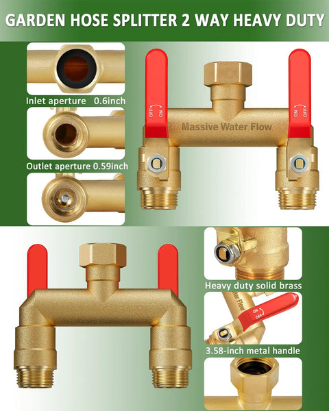 Beefy 2 Way Hose Splitter With Full Flow Design, Long Metal Handles, Brass Rust and Freeze Resistant, Garden Water Splitter T Adapter Three Quarter Inch GHT Thread, Red, brass 2-way splitter