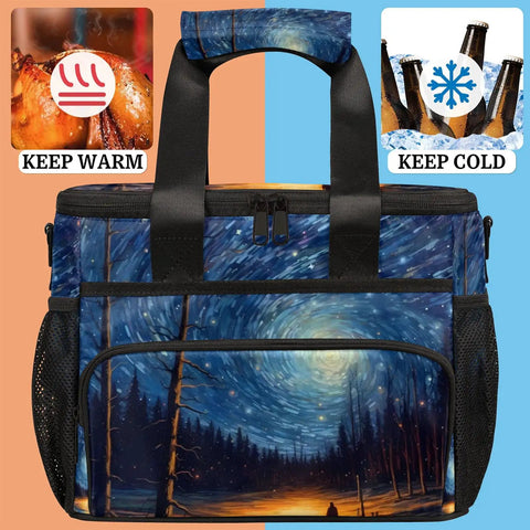 Dope Insulated Picnic Backpack With Lunch Box For Women And Men with starry night design, showing Keep Warm and Keep Cold icons
