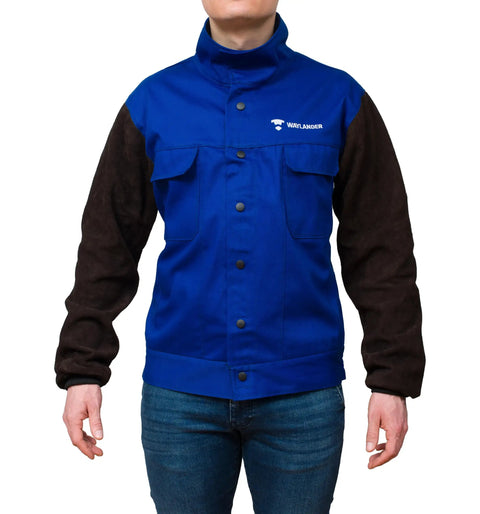 DVALIN Hybrid FR Leather Welding Jacket With Leather Sleeves And Snap Buttons worn front view