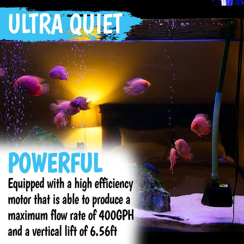 Ultra Quiet 400GPH Submersible Pump 25W High Efficiency Water Pump in aquarium with fish and 6.56 feet lift, ideal for aquariums.