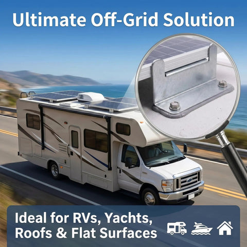 Heavy Hitter Solar Panel Z Bracket Mounts 16 Pack Thick Reinforced Stainless Steel Built Different For RV Setup And Camp Life With Killer UV Protection And Sweet Rust Defense on RV roof with solar panels.
