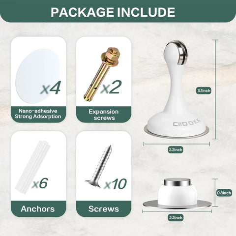 Magnetic Door Stopper 2 Pack Stainless Steel Door Holder package includes adhesive tapes, expansion screws, anchors, and base.