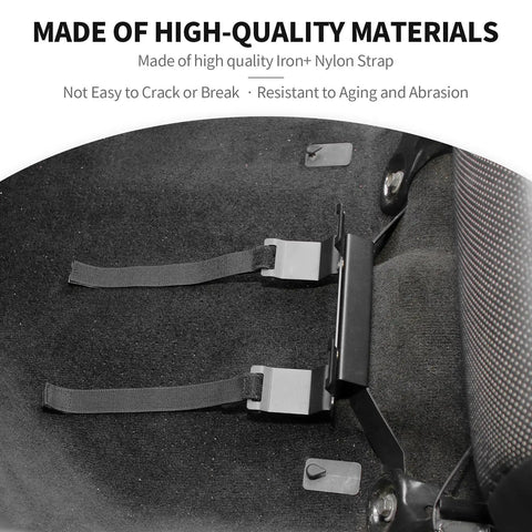 Close-up of Under Seat Fire Extinguisher Bracket Mount for Dodge Ram Trucks 2009 Through 2017 with nylon straps.