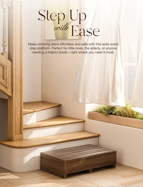 Six Point Five Inch One Step Stool For Seniors And Adults With Walnut Wood Finish Heavy Duty Wooden Mobility Stool For Bedside Bathroom Kitchen Garden 550 Pound Capacity Ready To Use No Assembly Needed showcased beside stairs