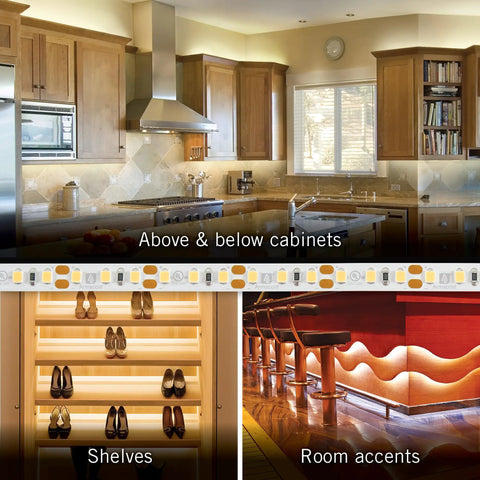 Kitchen with RibbonFlex Pro 12V White LED Strip Lights under cabinets and shelves, showing flexible cuttable tape in accent lighting.