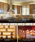 Flexible 12V White LED Strip Lights 32.8 Ft illuminating kitchen, shelves, and bar area, 120 LEDs Per Meter, 3000K Warm White.