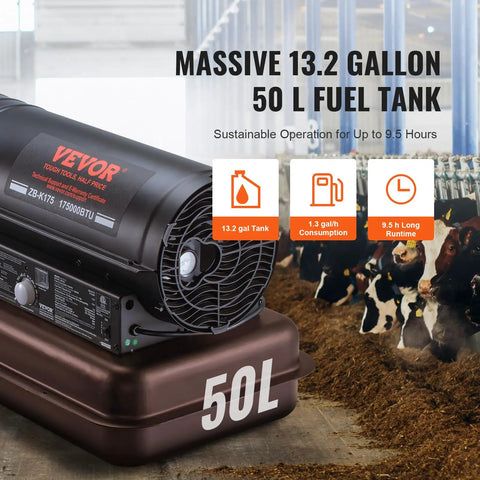 Kerosene Forced Air Heater 175000 BTU Portable Space Heater With Thermostat, 13.2 Gallon Tank displayed in barn