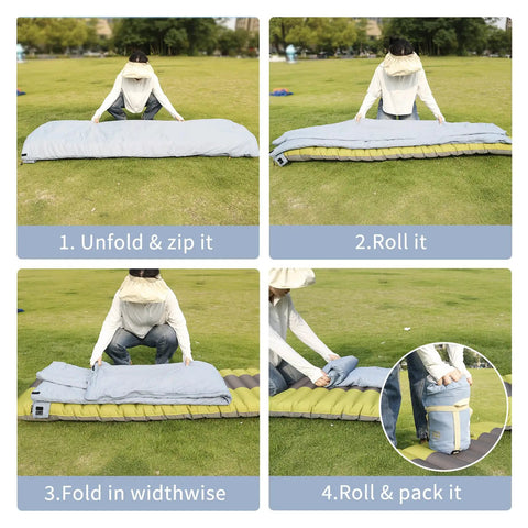 Steps to pack Ultralight Backpacking Sleeping Bag For 50 To 70 F Weather, 1.5 lb, into compact size, shown on grass.