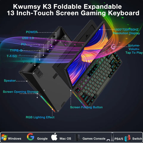 Dope 82 Key Mechanical Keyboard Featuring A Massive 13 Inch Foldable Touchscreen Monitor with RGB lighting and USB ports.