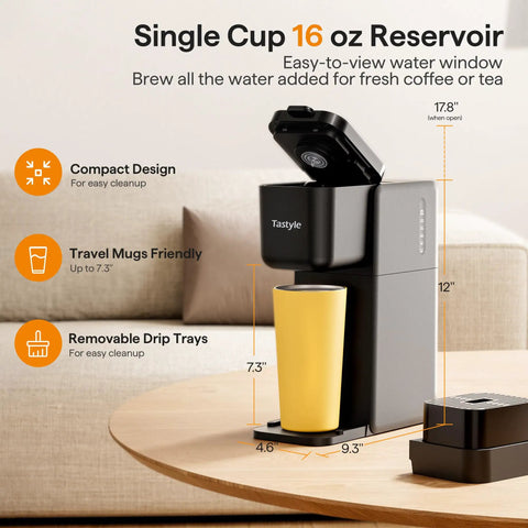 All In One Compact Coffee Maker For K Cup Pods Ground Coffee And Tea Leaves Brews Dope Hot Bold And Over Ice In 6 To 16 Oz Sizes Perfect For Small Kitchens Dorm Rooms Or Office Black Version Two with yellow cup on table