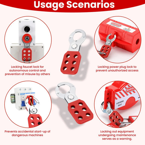 12 Pack Lockout Hasps Kit With Extended Jaw Steel Tamper Proof Loto Hasps for electrical and mechanical lockout scenarios, red.