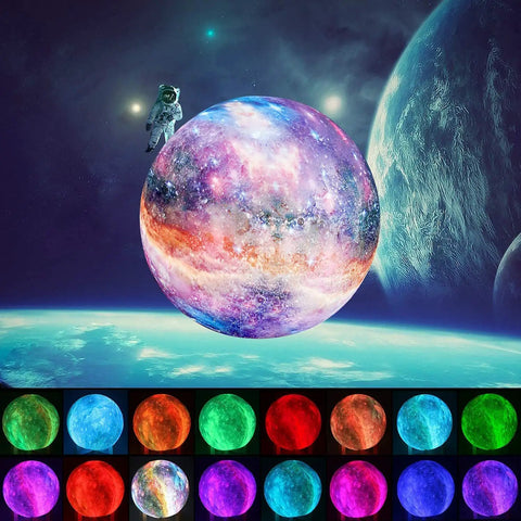 Astronaut near glowing 7.0 Inch Moon Lamp Night Light with 16 Color LED, 3D Printed Moon Surface, USB Rechargeable