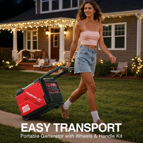 Person moving Portable 4800 Watt Inverter Generator With Wheel Kit For Easy Move And Setup Clean Power Under 3 Percent THD.