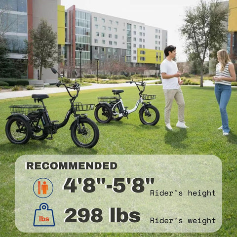 Electric Tricycle For Adults With Fat Tires Folding Three Wheeler E Bike Step Through Etrike With Removable Battery And Large Basket Peak 700W And 1100W Power, shown on grass with rider height 4'8"-5'8" and 298 lb capacity