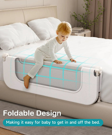 Child sitting on Ultra Sturdy Toddler Bed Rail Guard With U Shaped Base And Double Crossbar For Superior Stability Height Adjustable