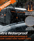 Extra Waterproof Rooftop Cargo Carrier Bag 23 Cu Ft With Double Weatherproof Zippers shown in rain on car roof.