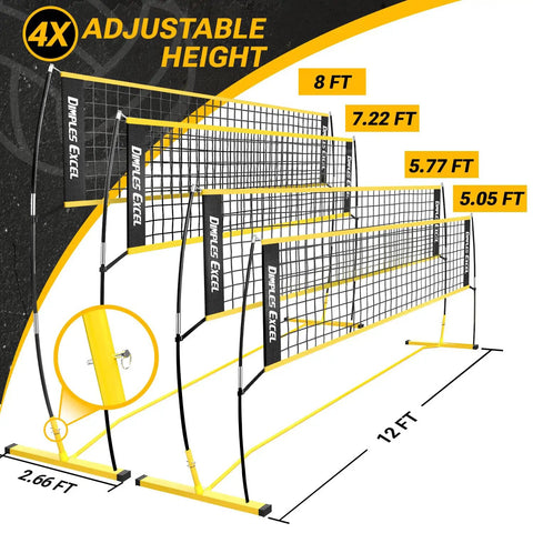 Game Ready Portable Volleyball Net Set 12x8 Ft With Four Height Levels From 5.05 To 8 Feet displayed with adjustable levels