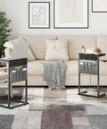 C Shaped End Table With Built In Charging Station For Small Spaces 28 Inch Tall Couch Side Table With 2 Tier Storage Pouch