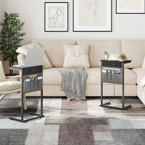 C Shaped End Table With Built In Charging Station For Small Spaces 28 Inch Tall Couch Side Table With 2 Tier Storage Pouch