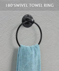 Industrial Pipe Bathroom Hardware Set Seven Piece Wall Mount Kit with Towel Ring holding a blue towel against wall.