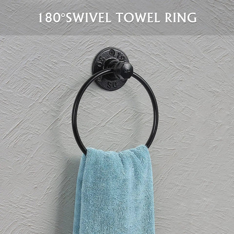 Industrial Pipe Bathroom Hardware Set Seven Piece Wall Mount Kit with Towel Ring holding a blue towel against wall.