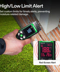 Wood Moisture Meter 3 In 1 Pin Type Digital Tester showing 98% moisture on grass with red-screen alert inset