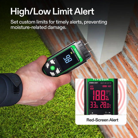 Wood Moisture Meter 3 In 1 Pin Type Digital Tester showing 98% moisture on grass with red-screen alert inset