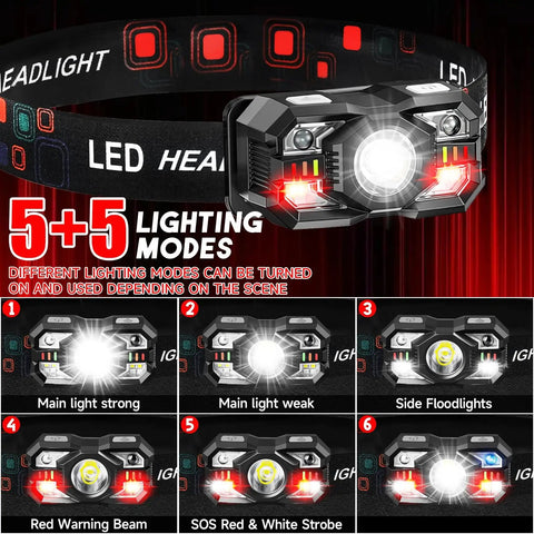 Rechargeable 6 Pack Headlamp Set With 3000 Lumens Ultra Bright LED Headlight With White And Red Light Motion Sensor 5 Plus 5 Modes