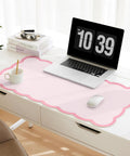 Oversized Pink Scalloped Desk Pad For Keyboard And Mouse, 31.5 Inch By 15.7 Inch PU Leather Mouse Mat With Waterproof Checkered Pattern, Aesthetic Vanity Desk Mat For Work From Home, Study, And Home Office shown on a white desk with laptop and mouse.