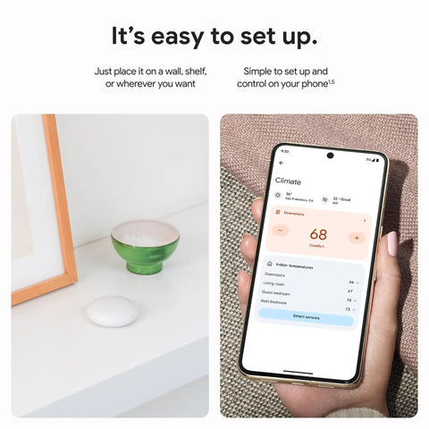 Nest Temperature Sensor 2nd Gen For Room Comfort And Smart Scheduling, Say Bye To Hot And Cold Spots, Easy Setup In Google Home App, Works With Nest Thermostat 3rd And 4th Gen And Nest Thermostat E, White on shelf and phone app