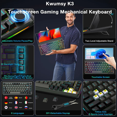 Dope 82 Key Mechanical Keyboard Featuring A Massive 13 Inch Foldable Touchscreen Monitor with Adjustable Stand and RGB Backlighting.