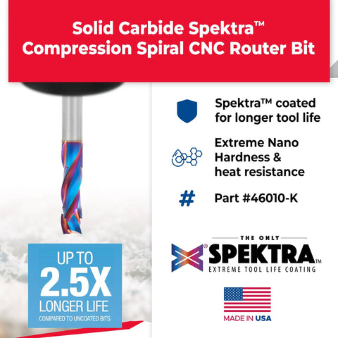 Spektra Extreme Tool Life Solid Carbide CNC Compression Spiral Router Bit with durability and heat resistant coating