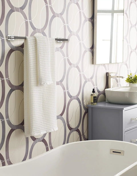 Bathroom with Dope 24 Inch Towel Bar In Polished Nickel Gunmetal Finish, Esquire Style Towel Rack, holding waffle-textured towel