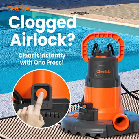 Smart Auto Pool Cover Pump Quarter HP 2160 GPH with airlock clearing button, sitting at poolside.