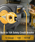 45 Foot Retractable 12 Gauge Extension Cord Reel With 3 Conductor SJTOW Heavy Duty Power Cable, circuit breaker shown
