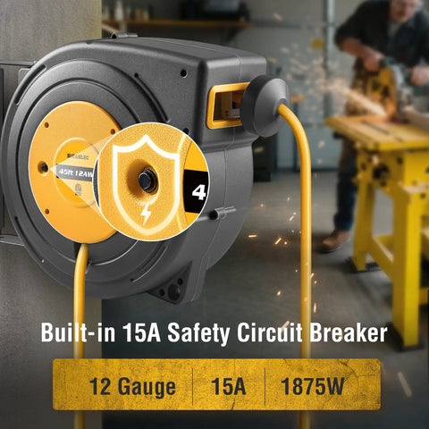 45 Foot Retractable 12 Gauge Extension Cord Reel With 3 Conductor SJTOW Heavy Duty Power Cable, circuit breaker shown