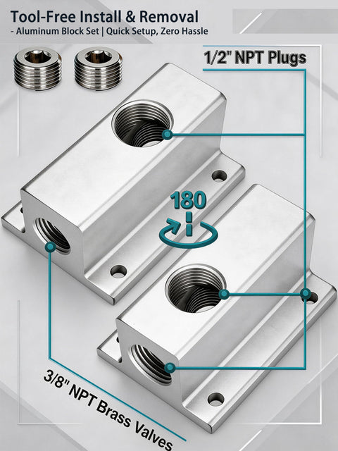 Two Pack Three Quarter Inch Compressed Air Outlet Kit With One Half Inch NPT Manifold Anodized Aluminum Block Plus Nickel Plated Brass Valves