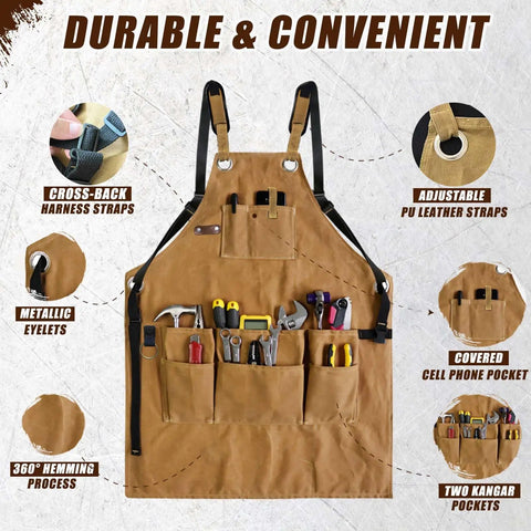 Heavy Duty Waxed Canvas Work Apron For Men With Shoulder Straps, Durable Tool Apron With Pockets, displayed with tools and features.