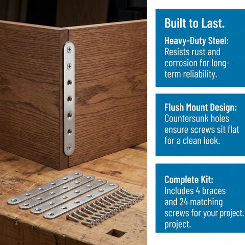 Heavy Duty Stainless Steel Straight Braces With 24 Screws Included For Wood Furniture Repair And Reinforcement, flat metal braces displayed.