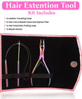 Micro Links Hair Extensions Kit With Stainless Steel Beads Closer And Remover Pliers, Pulling Hook, Bead Tool, Loop Needle, And Leather Pouch For Quick, No Fuss Feather And Hair Extensions. Black leather pouch with rainbow tools.