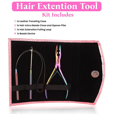 Micro Links Hair Extensions Kit With Stainless Steel Beads Closer And Remover Pliers, Pulling Hook, Bead Tool, Loop Needle, And Leather Pouch For Quick, No Fuss Feather And Hair Extensions. Black leather pouch with rainbow tools.