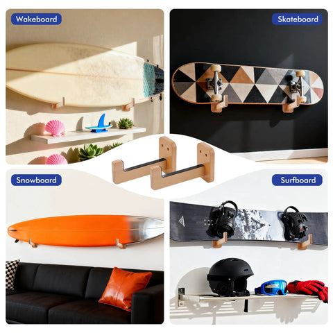 Top Shelf Beech Wood Surfboard Wall Mount Rack With Grippy Non Slip V Pads For Rock Solid Vertical Storage Of Longboards Shortboards Skis And Snow Gear with displayed surfboards and skis.