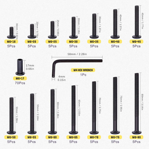 Tough As Nails M6 Hex Drive Socket Cap Bolts And Carbon Steel Black Barrel Nuts Kit with sizes ranging from M6x16 to M6x80, with an M4 hex wrench.