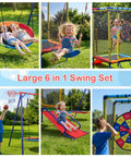 6 In 1 Backyard Swing Set With Trampoline, Slide, Saucer Swing, Belt Swing, Dartboard, And Basketball Hoop, kids playing