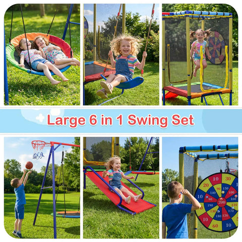 6 In 1 Backyard Swing Set With Trampoline, Slide, Saucer Swing, Belt Swing, Dartboard, And Basketball Hoop, kids playing