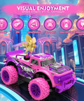 Pink Purple 1:20 Scale RC Monster Truck With LED Lights And DIY Windmills displayed on a colorful urban background.