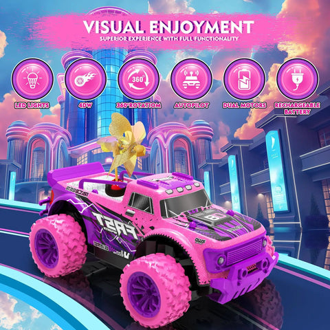 Pink Purple 1:20 Scale RC Monster Truck With LED Lights And DIY Windmills displayed on a colorful urban background.