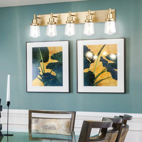 Gold Finish 5 Light Vanity Light Fixtures With Clear Glass Shades for dining room, mounted above wall art, modern glow aesthetic