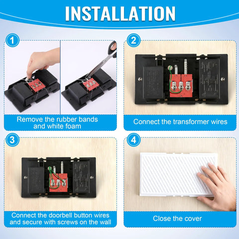 Installation guide for Two Tone Wired Doorbell Chime for Home Front And Rear Doors showing connection and cover steps.