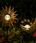 Two Pack Sun Moon Solar Garden Lights Outdoor Waterproof Metal Decorative Lamps With Heavy Bulb Base Solar Powered